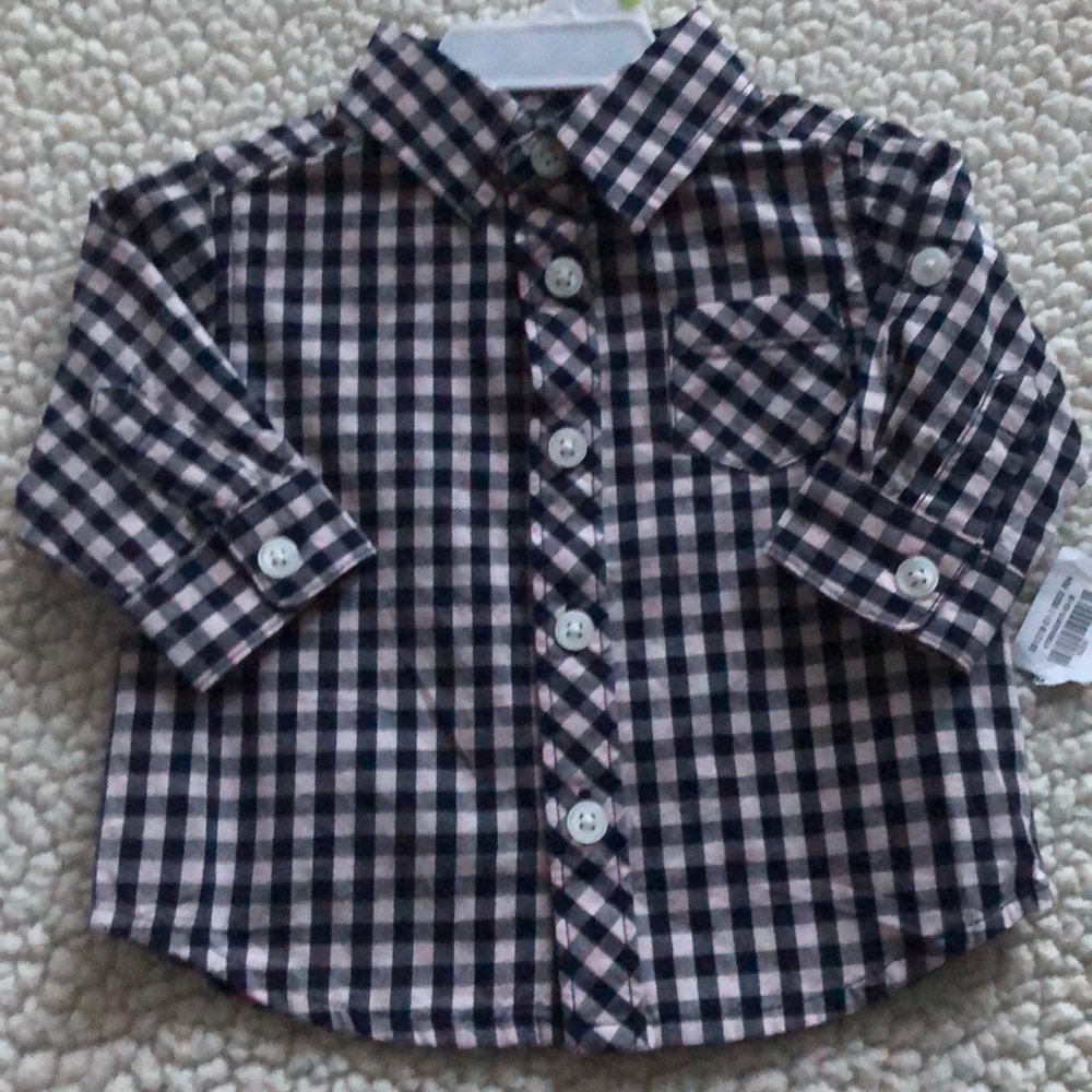 Old Navy pink & navy checkered button down shirt.